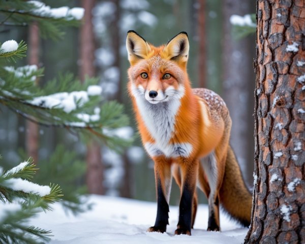 Vibrant orange fox in snowy forest setting