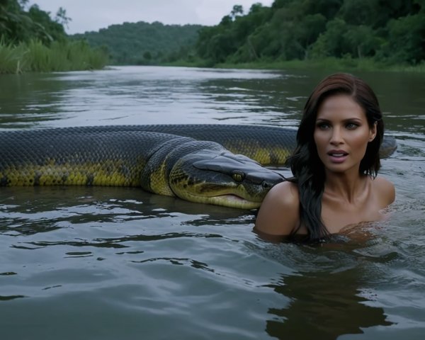 Woman and Giant Anaconda in Jungle Water Scene