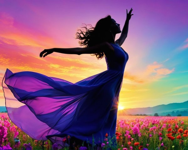 Silhouette of a woman in a purple dress at sunset