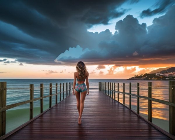 Woman in Floral Swimsuit Walking on Ocean Pier at Sunset