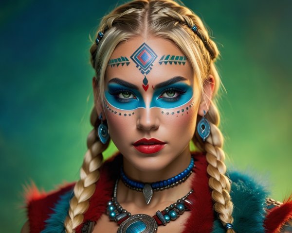 Striking Woman with Blue Face Paint and Bold Jewelry