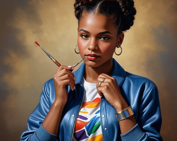 Young woman with dark skin and styled hair holding brushes