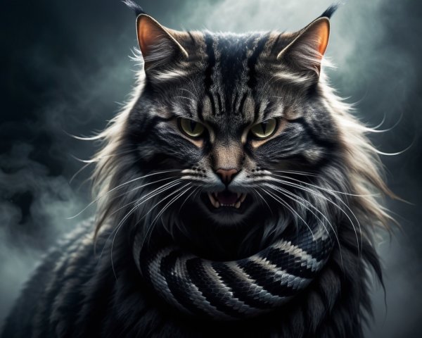 Long-haired tabby cat with snake scarf in dark setting