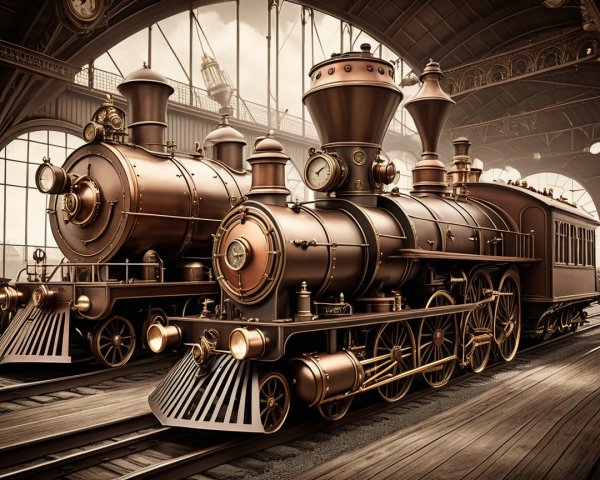 Vintage Steam Locomotives in Elegant Train Station