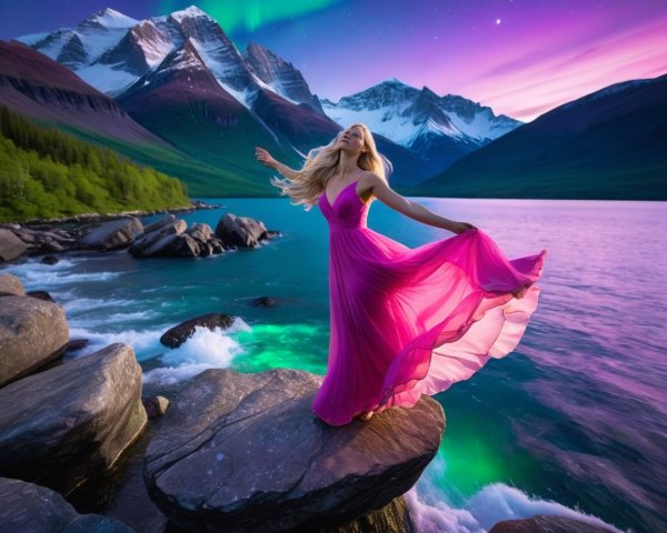 Young Woman in Fuchsia Dress by Colorful Lake and Mountains