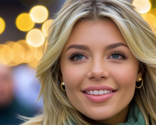 Close-up of a young woman with blonde hair and blue eyes