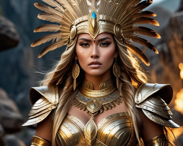 Warrior in Golden Armor in Rugged Landscape