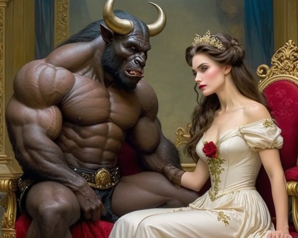 Muscular Minotaur and Elegant Woman on a Red Throne