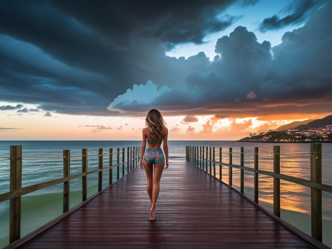 Woman in Floral Swimsuit Walking on Ocean Pier at Sunset