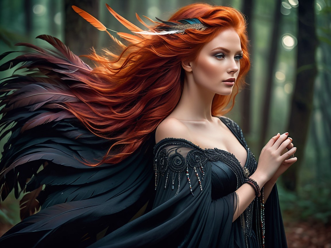 Digital Painting of a Red-Haired Woman in Black Gown
