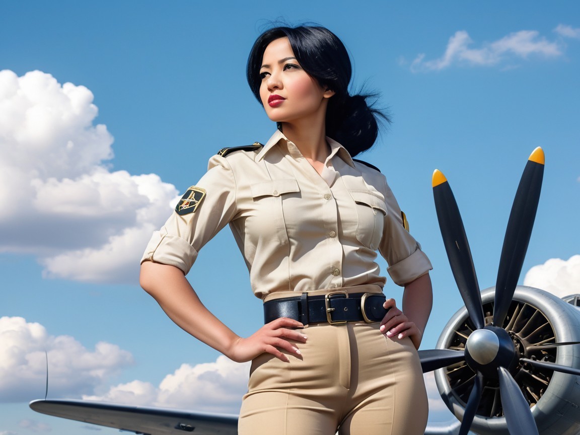 Asian Female Pilot in Beige Uniform by Airplane