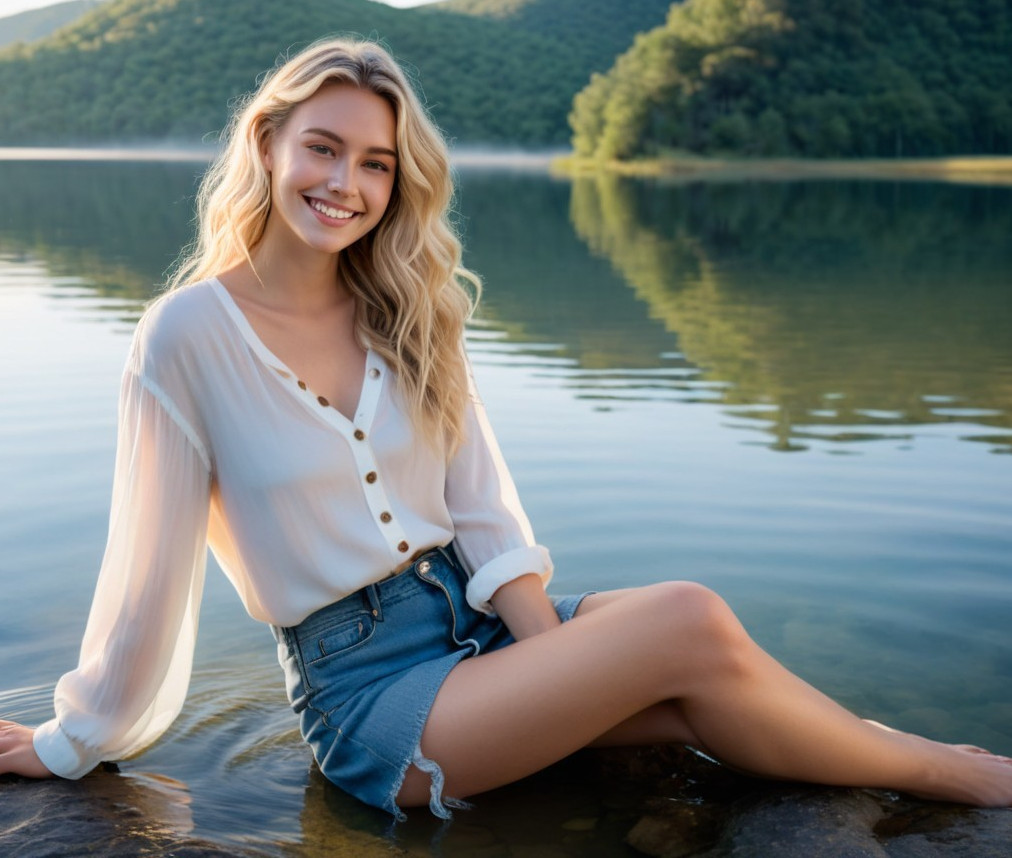 Young woman in sheer top by a serene lake