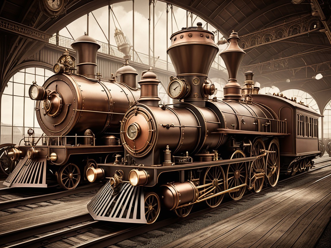 Vintage Steam Locomotives in Elegant Train Station