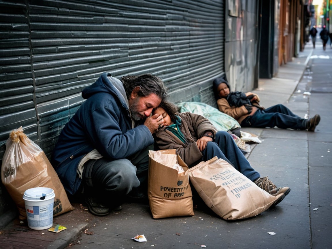 Man in Blue Jacket Cradles Another on Sidewalk