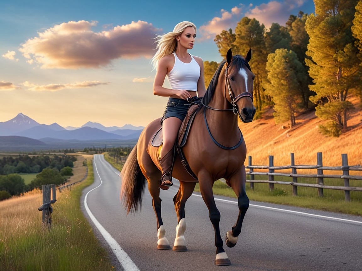 Blonde Woman on Brown Horse at Sunset on Paved Road