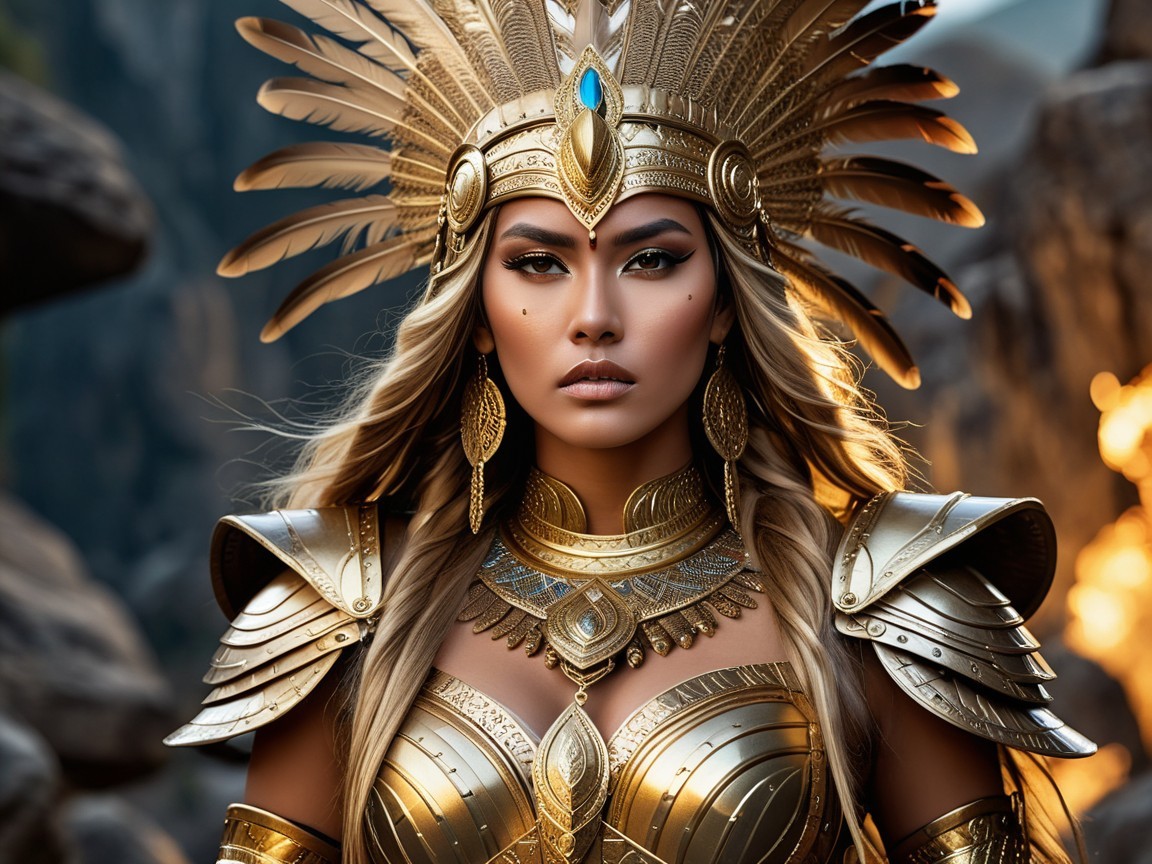 Warrior in Golden Armor in Rugged Landscape