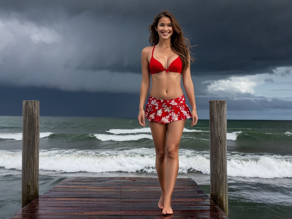 Woman in Red Bikini on Wet Wooden Pier with Stormy Sky