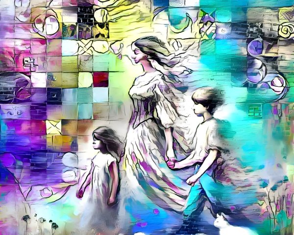 Whimsical Scene of Family in Abstract Landscape