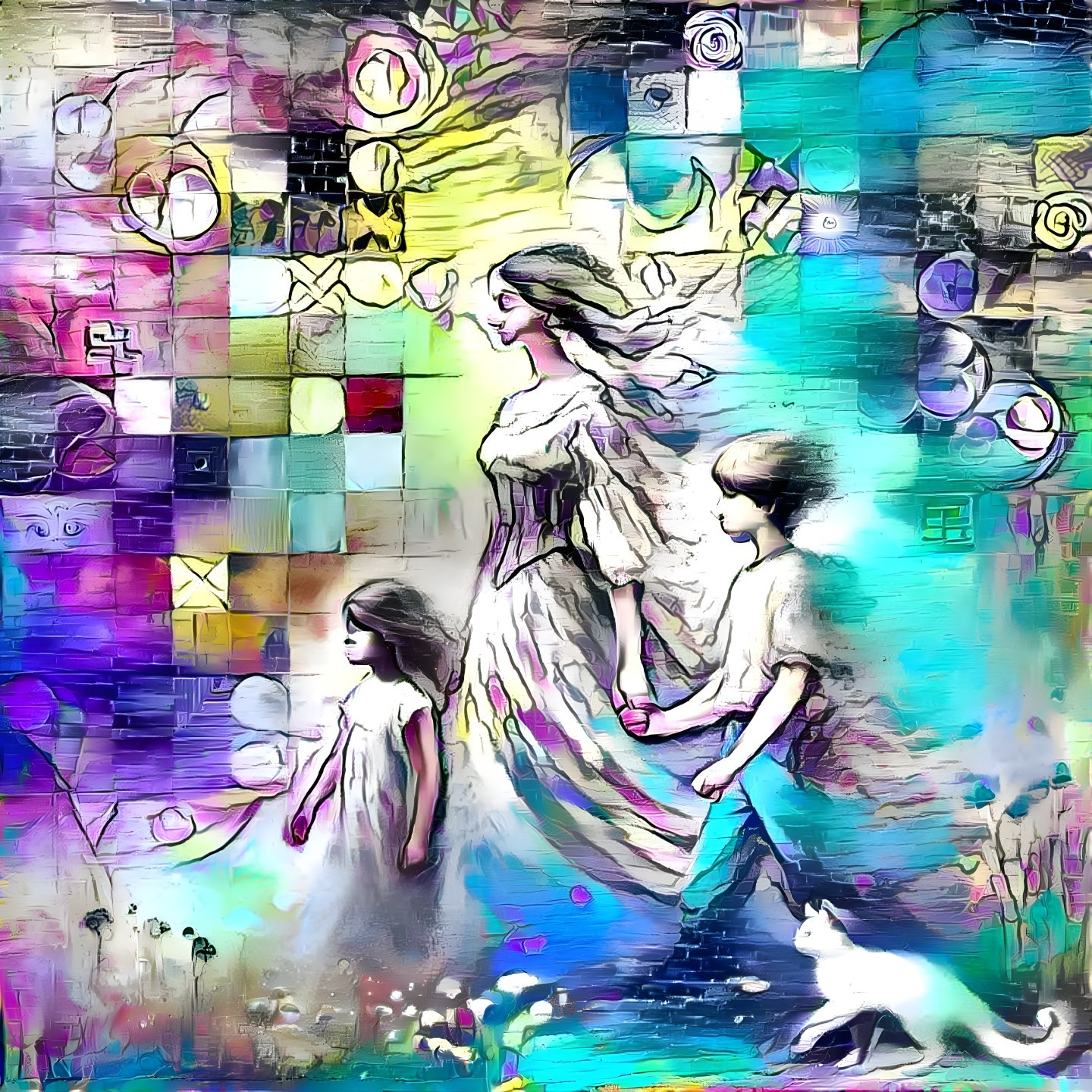 Whimsical Scene of Family in Abstract Landscape