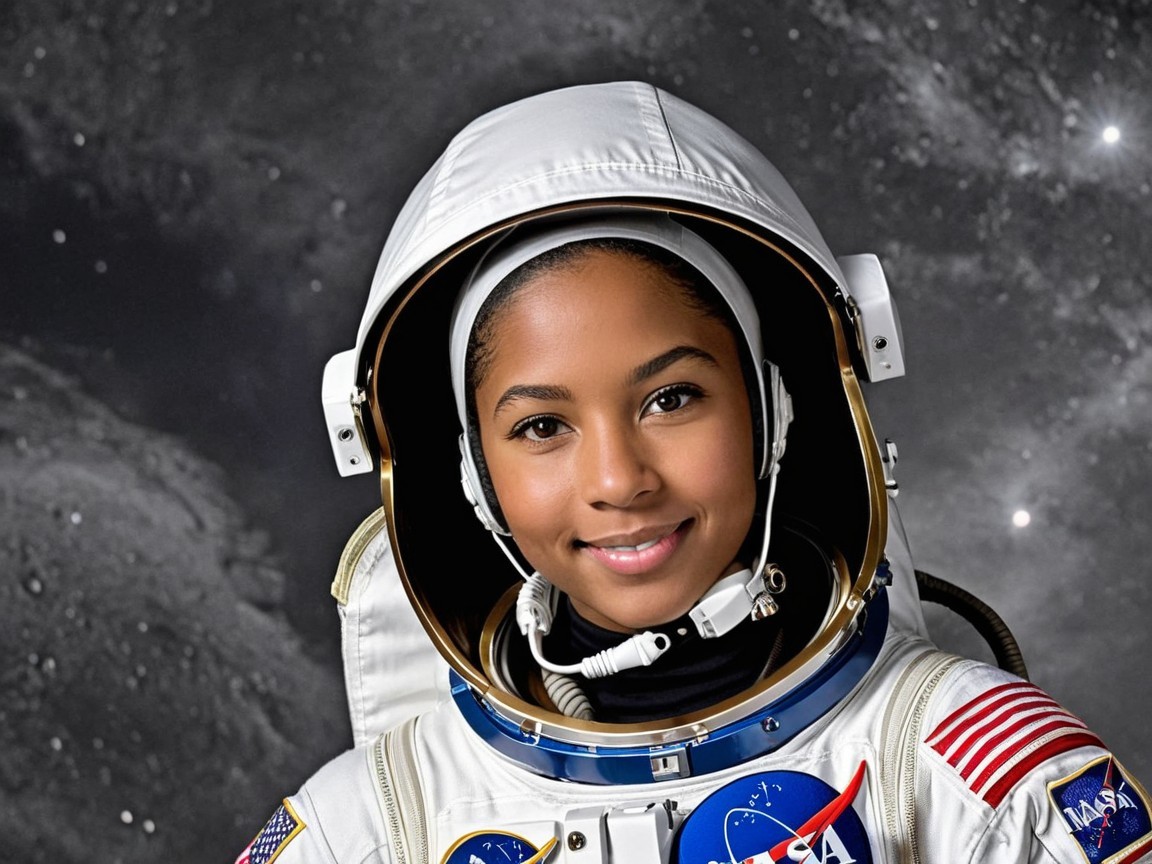 Young Astronaut in NASA Spacesuit with Starry Background