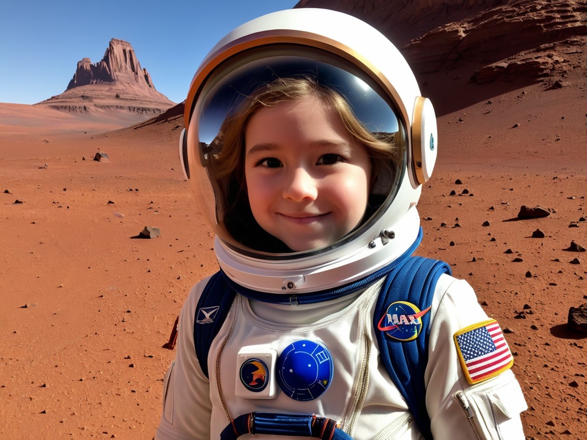 Cheerful Girl in Astronaut Suit on Red Desert Planet