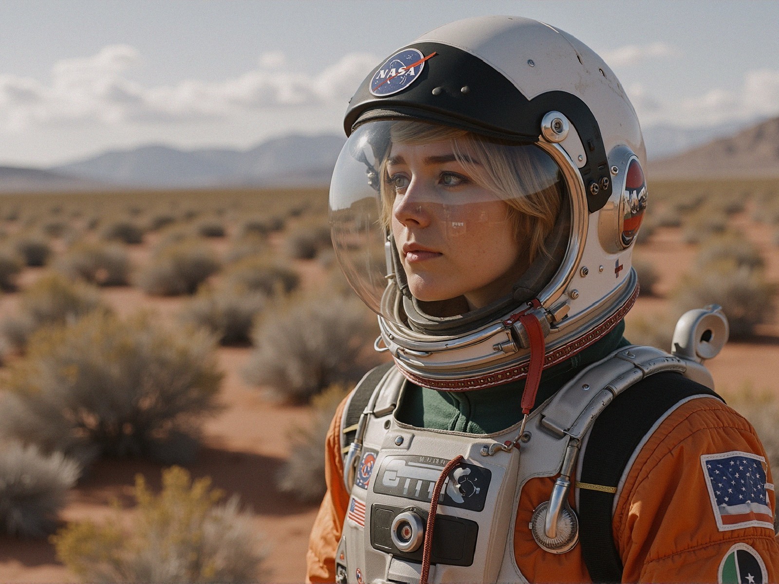 Blonde Woman in NASA Spacesuit in Desert Landscape