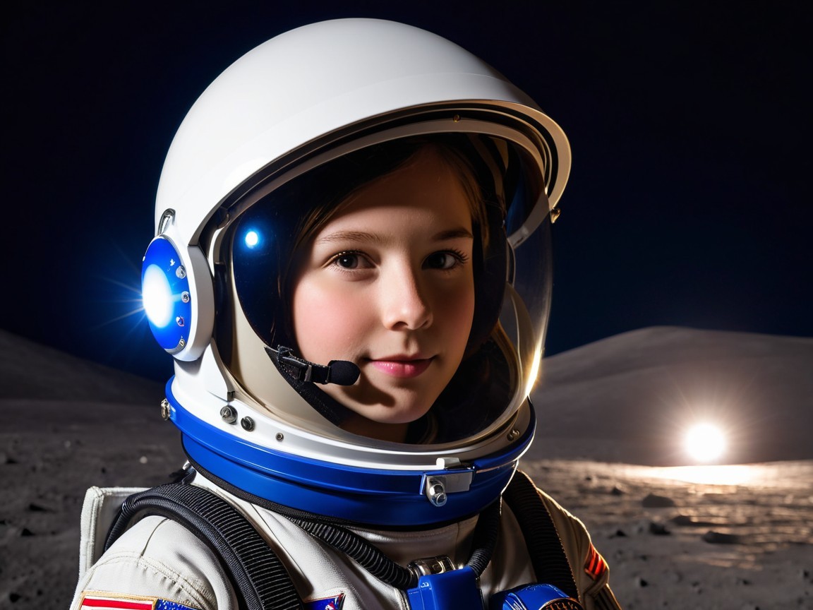 Young Girl in Astronaut Helmet on Moon's Surface