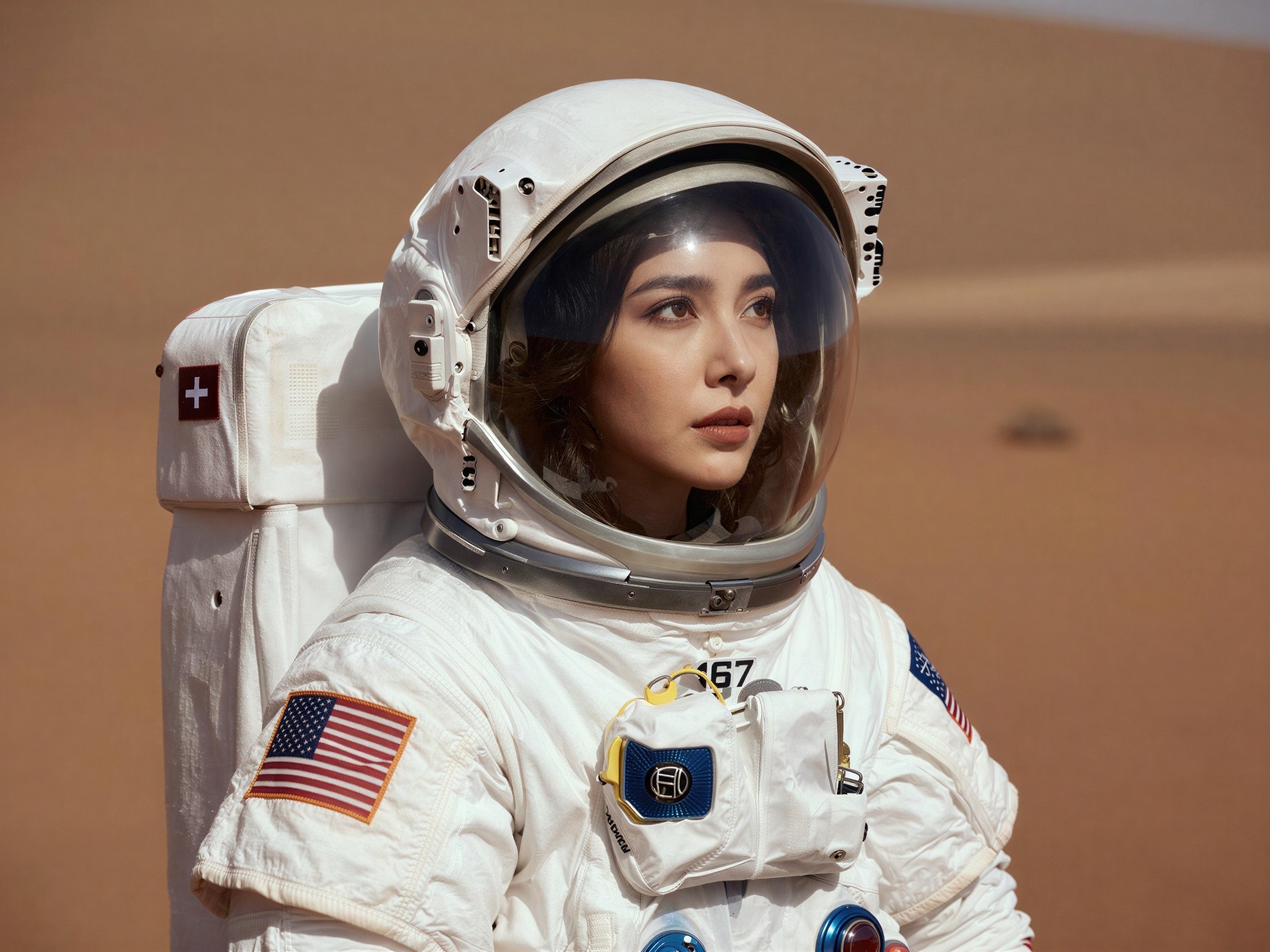 Futuristic Woman in White Spacesuit on Mars Landscape