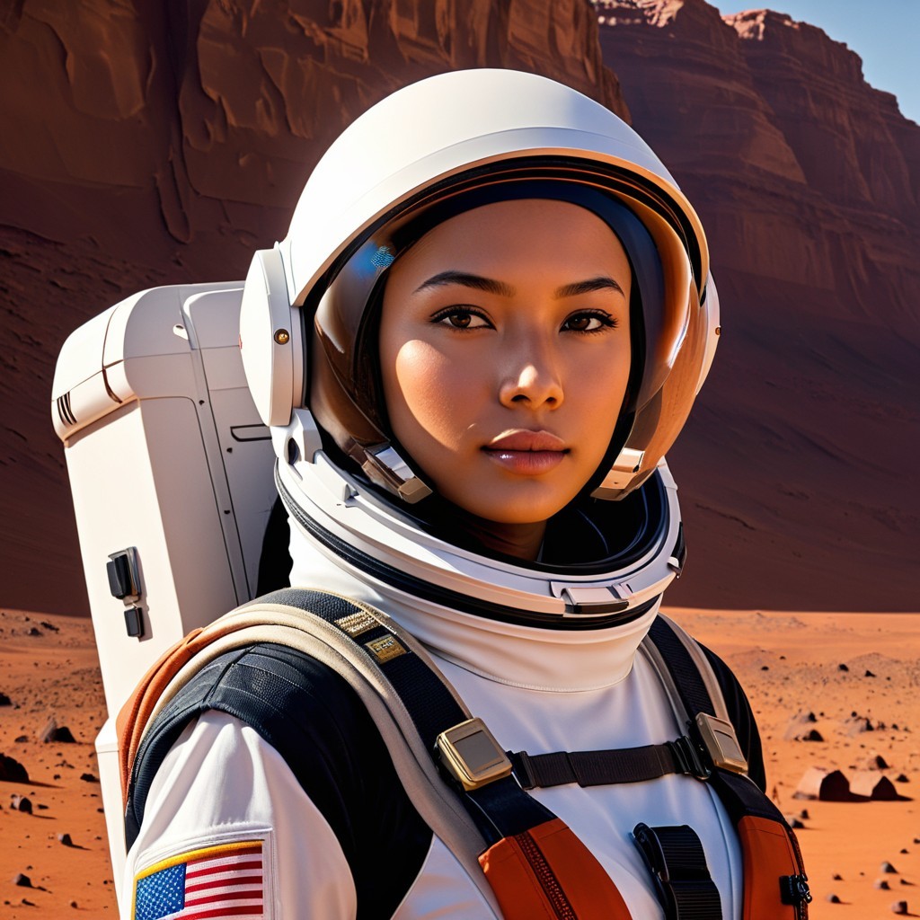 Asian Woman in Space Suit on Mars Landscape