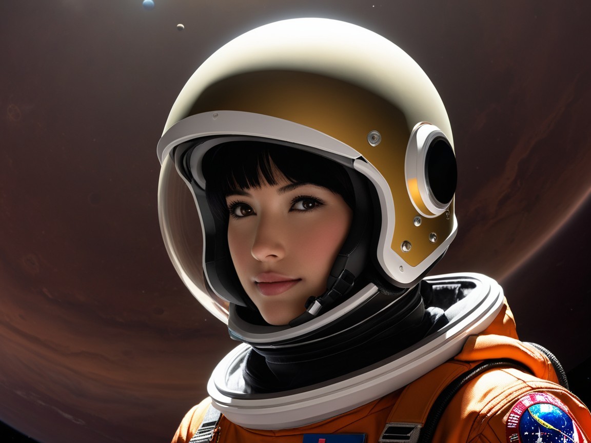 Close-up of an astronaut in gold helmet on Mars