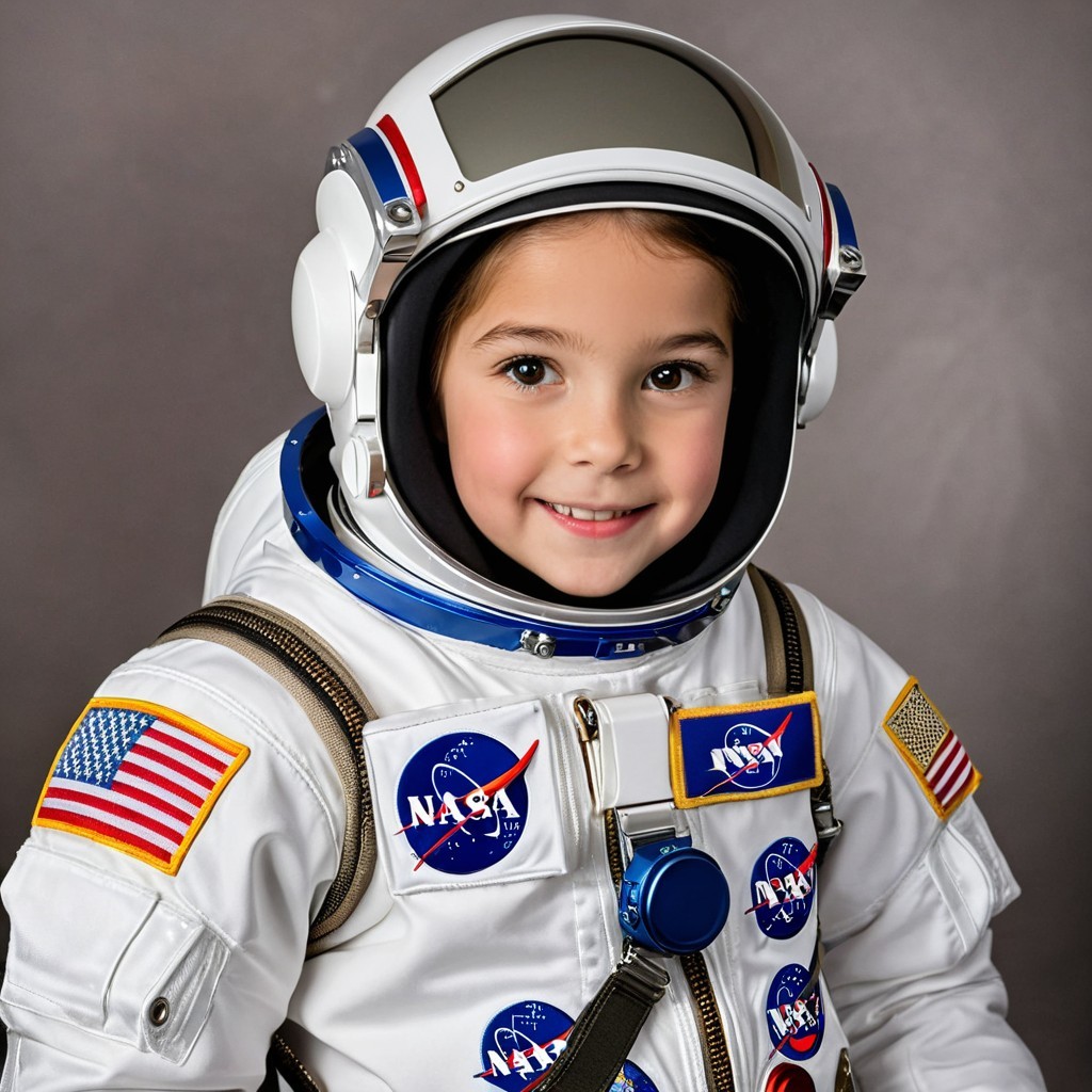 Young Girl in Astronaut Suit with Helmet and Patches