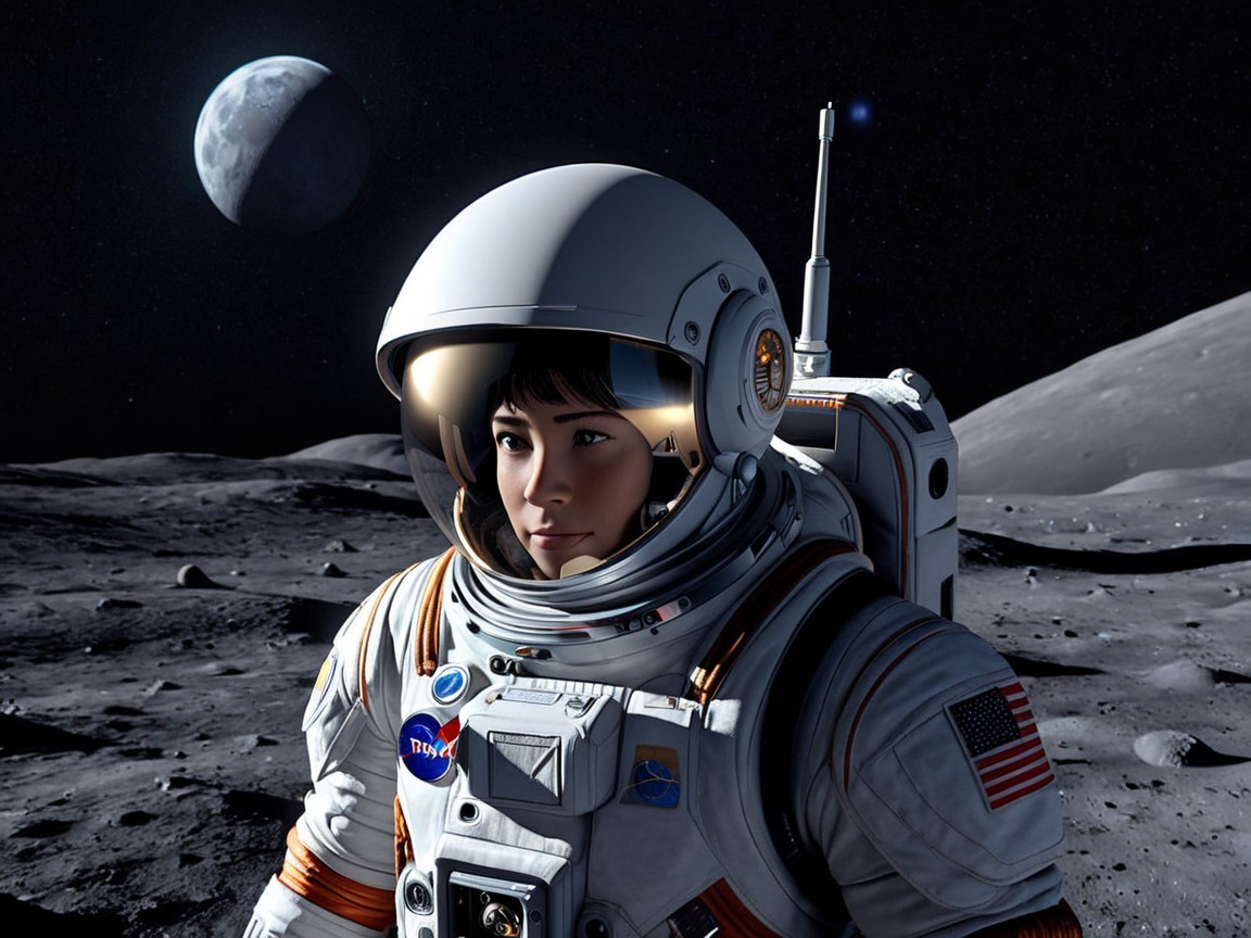 Astronaut in Spacesuit on Lunar Surface with Crescent Moon