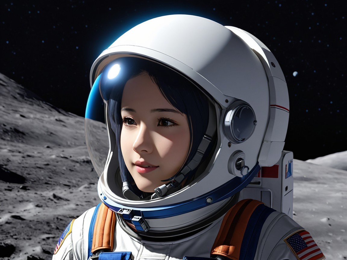 Young Woman in Astronaut Suit Against Lunar Landscape