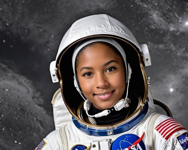 Young Astronaut in NASA Spacesuit with Starry Background