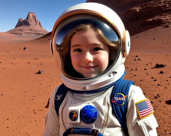 Cheerful Girl in Astronaut Suit on Red Desert Planet