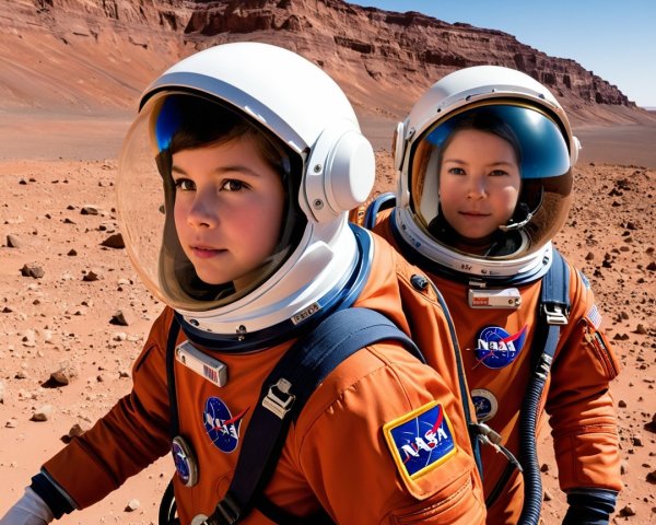 Young Astronauts in Orange Spacesuits on Mars