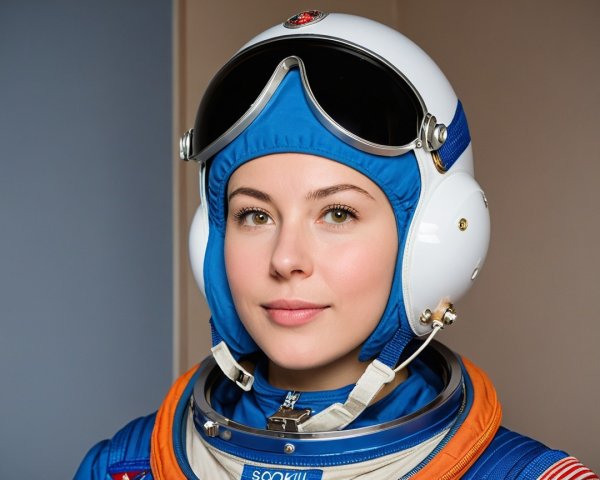 Confident Woman in Blue Astronaut Suit with Helmet