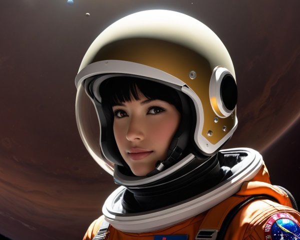 Close-up of an astronaut in gold helmet on Mars