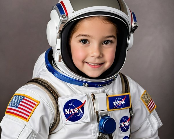 Young Girl in Astronaut Suit with Helmet and Patches