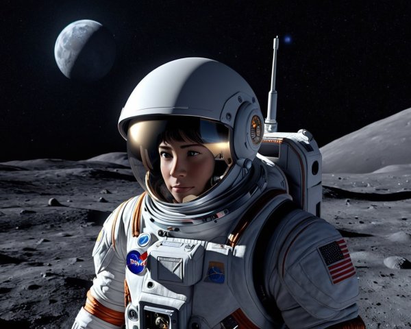 Astronaut in Spacesuit on Lunar Surface with Crescent Moon