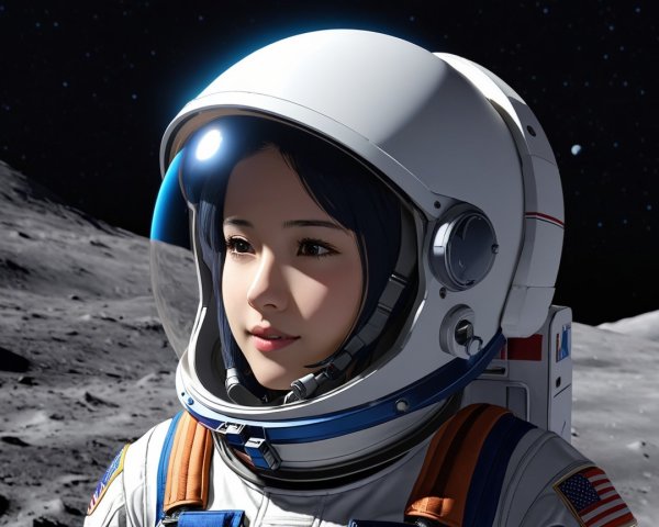 Young Woman in Astronaut Suit Against Lunar Landscape