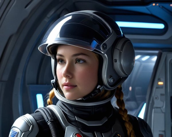 Young Woman in Space Helmet with Futuristic Background