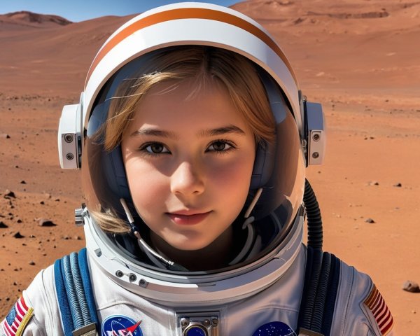 Young girl in astronaut gear on Martian landscape