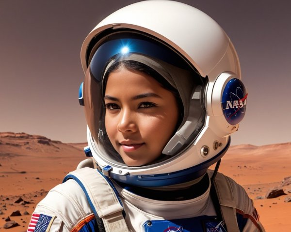 Young girl in NASA suit against Martian landscape