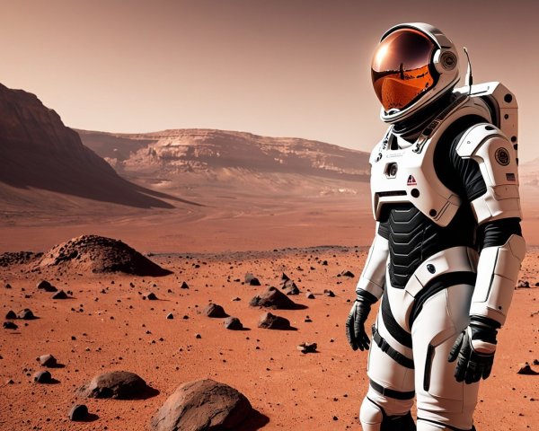 Astronaut on Mars with Rocky Terrain and Mountains