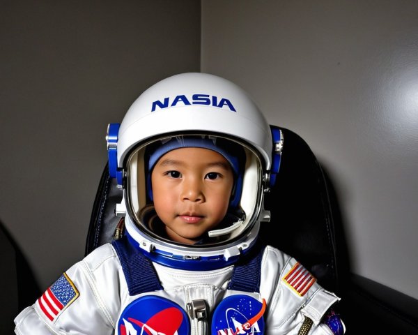 Child in Astronaut Suit with NASA Helmet and Logos