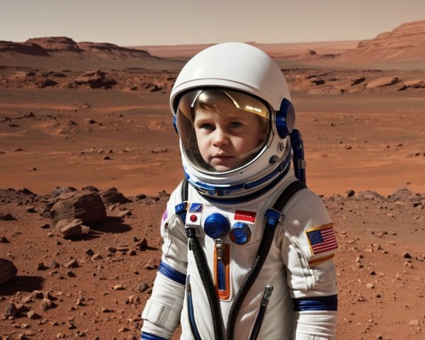 Young Boy in Astronaut Suit on Martian Landscape
