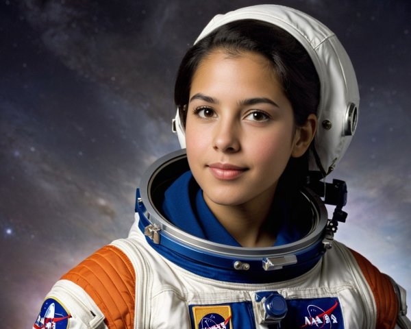 Young woman in NASA space suit against starry sky