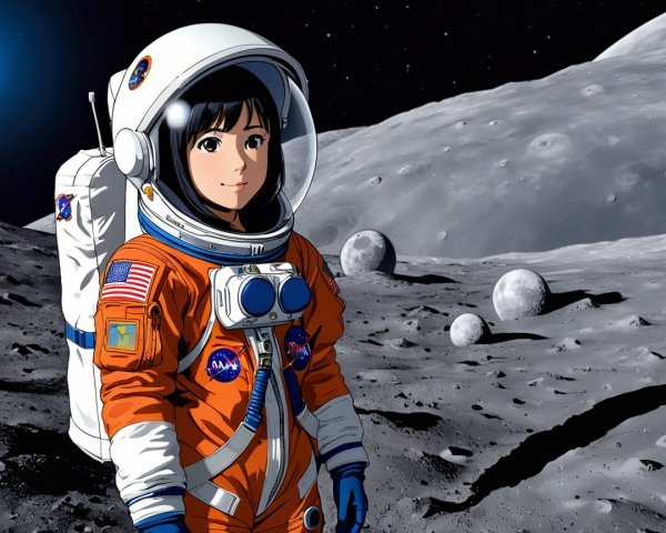 Anime-style Astronaut on the Moon in Orange Bodysuit