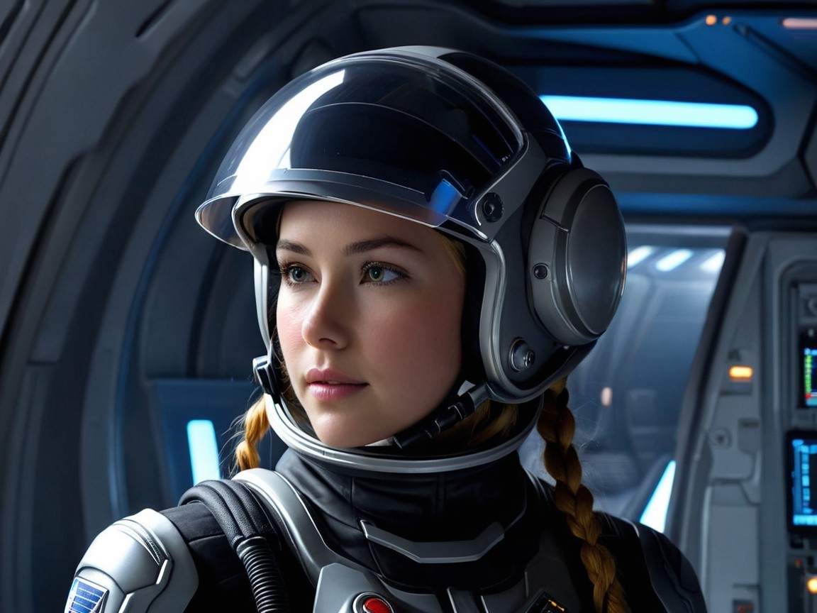 Young Woman in Space Helmet with Futuristic Background